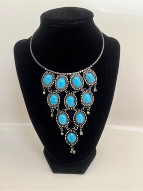 Vintage Faux Turquoise Statement Bib Necklace, Silver Tone